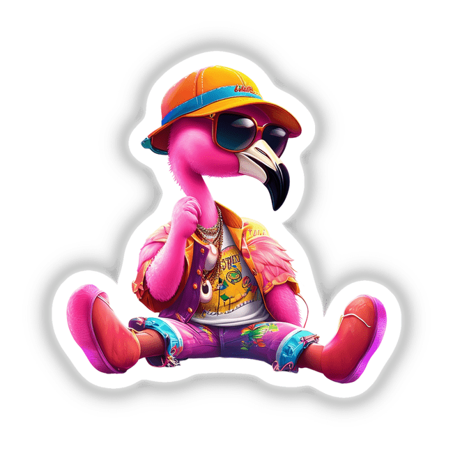 Trendy Flamingo Sitting Pretty: A whimsical cartoon flamingo, depicted in a relaxed pose, available as stickers or digital artwork from Decal Venue.
