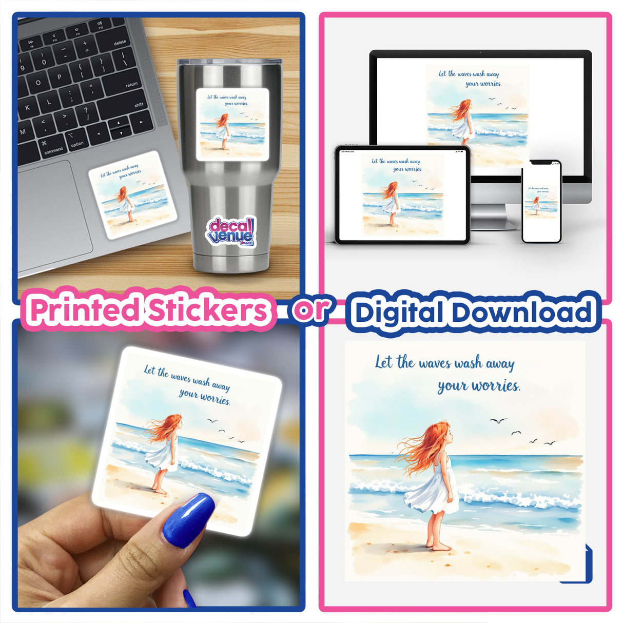 Collage featuring a laptop displaying Young Girl on a Sandy Beach – Let the waves wash away your worries artwork, available as stickers or digital art from Decal Venue.