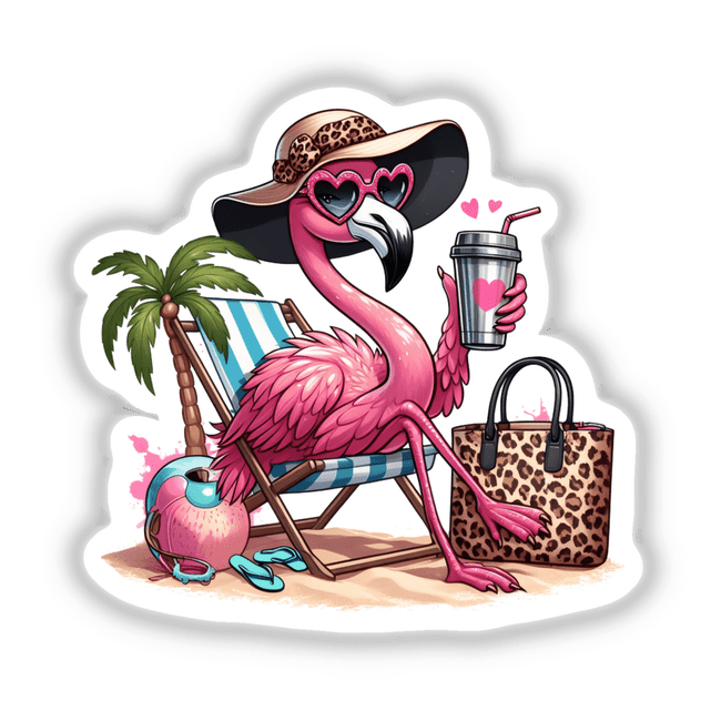 Sassy Leopard Accent Flamingo Bird at Beach: Cartoon flamingo lounging with sunglasses, beach bag, and drink, perfect as unique vinyl stickers or digital artwork from Decal Venue.