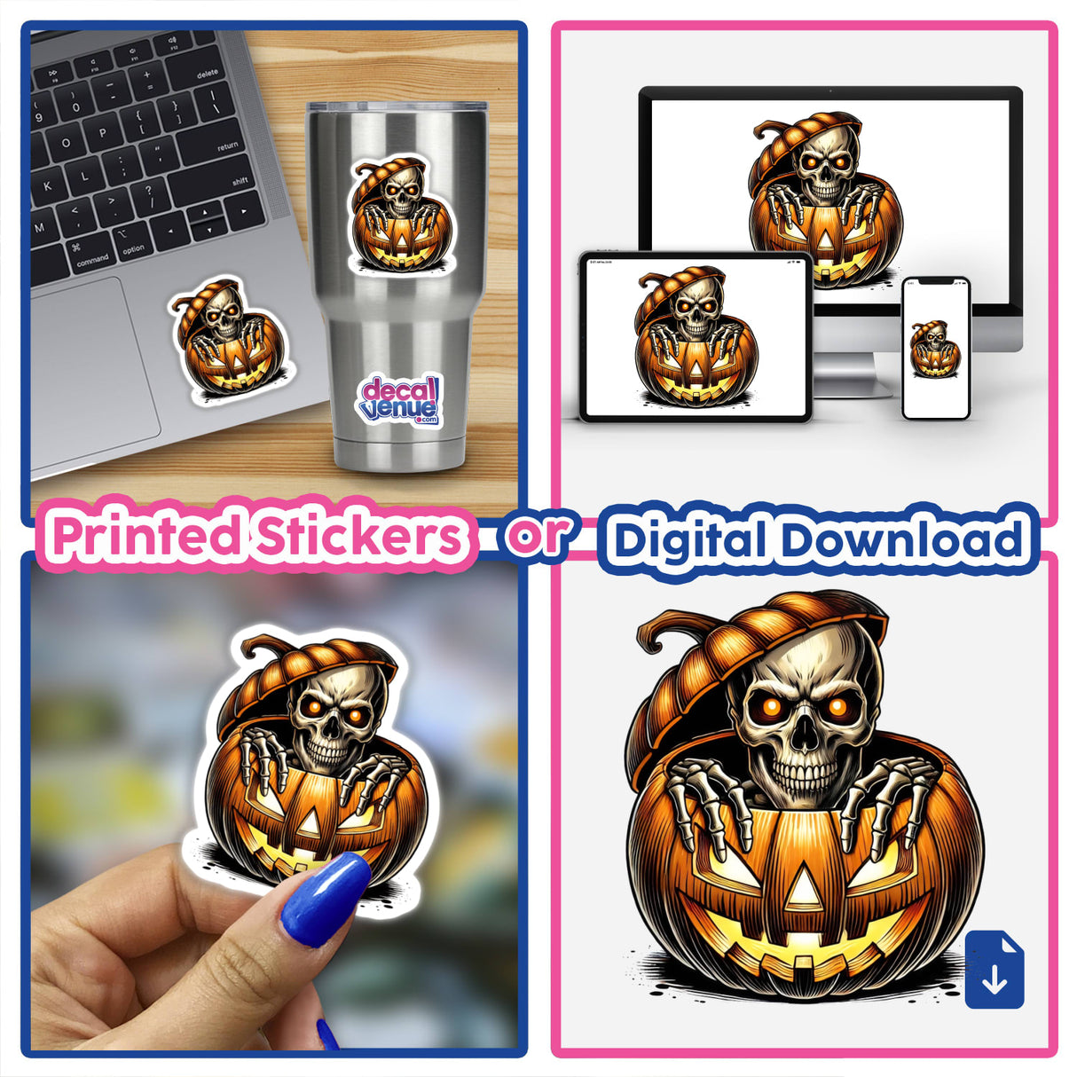 Skeleton peeking out of carved pumpkin, spooky Halloween digital artwork displayed on various products
