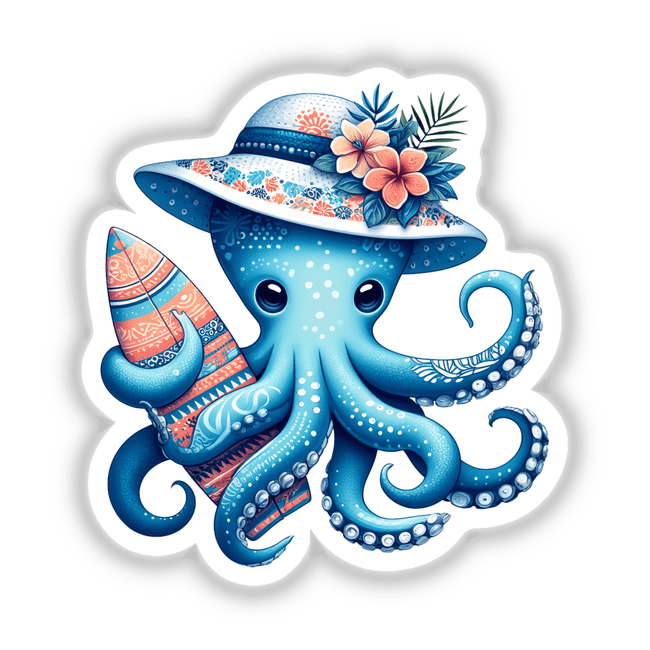 Octopus Holding Surfboard in Summer Beach Hat.png