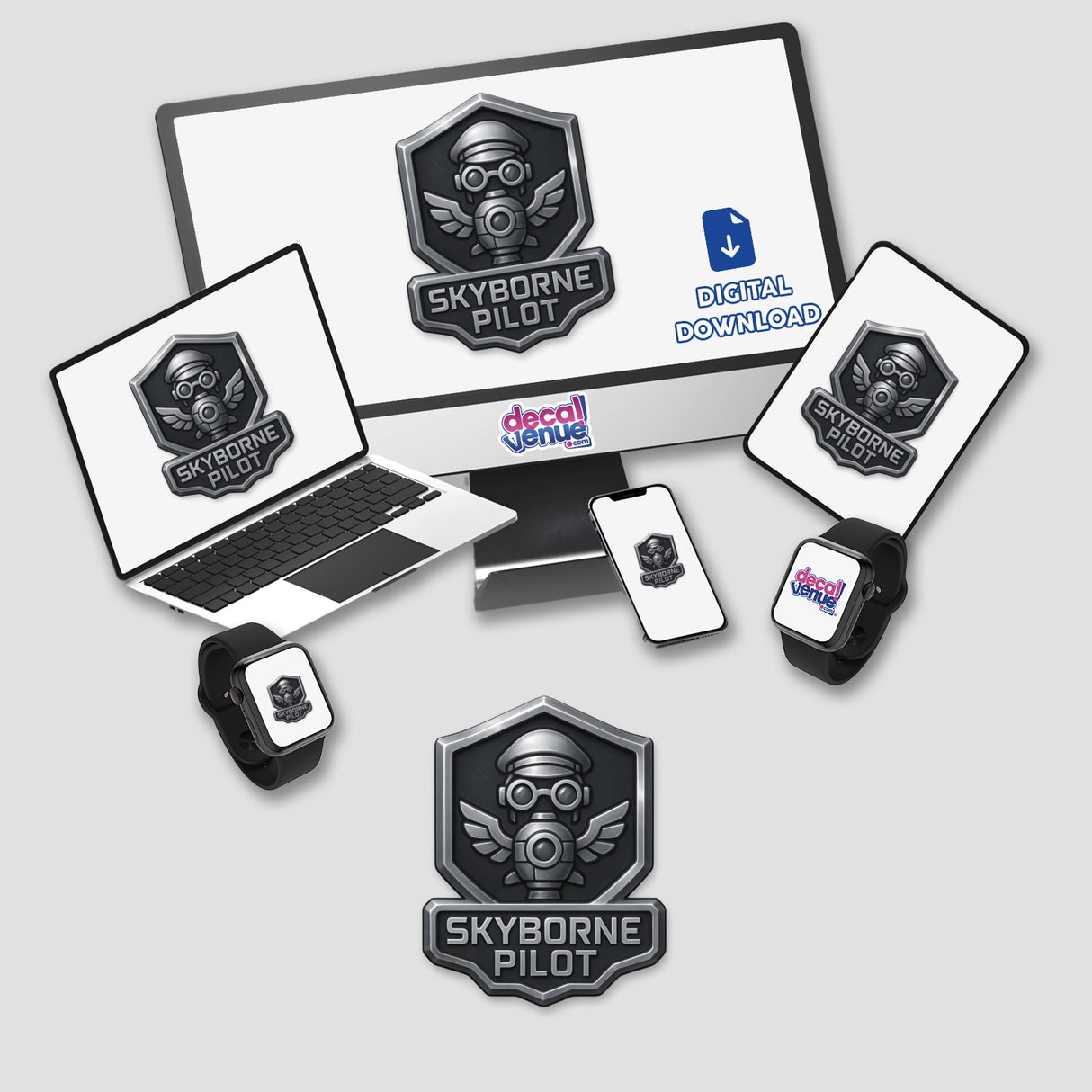 Skyborne Pilot – RPG-Style Skill Badge (Silver Steampunk Crest) featuring intricate gears and wings design, offered as a sticker or digital artwork, embodying Decal Venue's unique aesthetic of vinyl stickers and digital art.