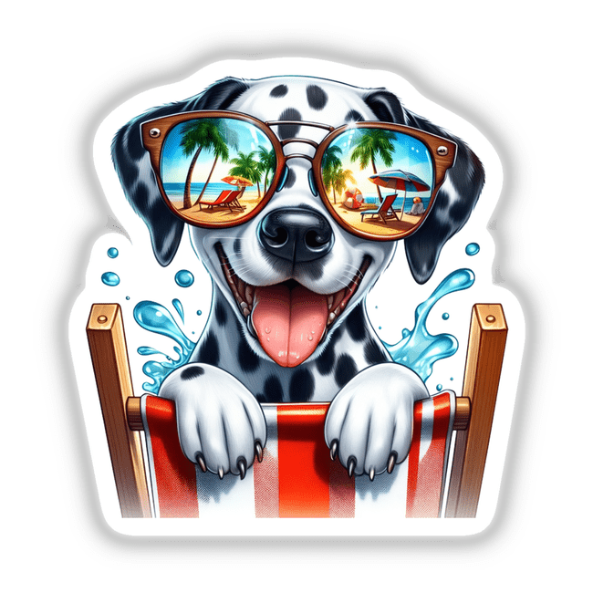 Happy Dalmatian Peeking from Beach Chair: Illustration of a dog wearing sunglasses, sitting on a beach chair. Available as stickers or digital artwork from Decal Venue. Perfect for unique décor or digital collections.