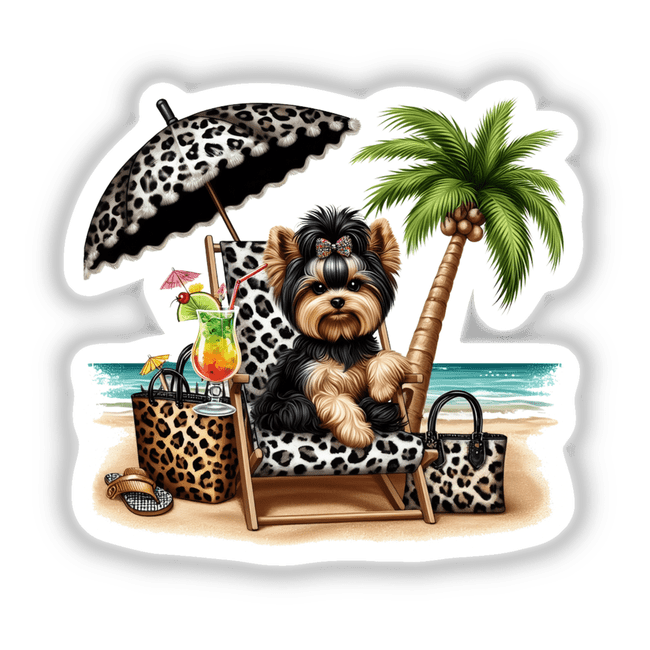 Everything Leopard Yorkie Beach Dog II features a dog with a bow sitting on a chair under an umbrella at the beach, capturing a playful, relaxed scene perfect for stickers or digital artwork.