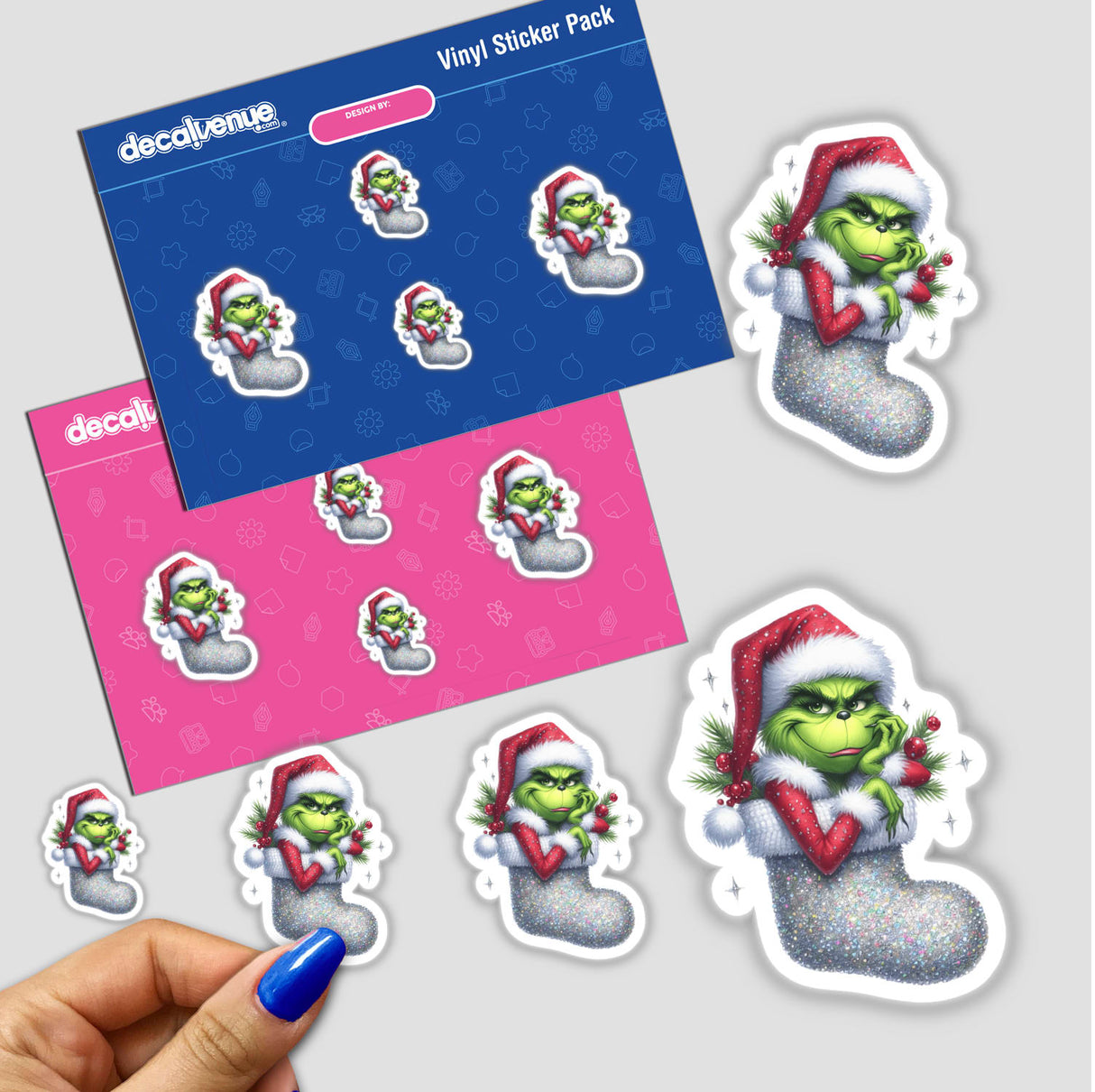 Sticker pack titled Green Grouch Santa in Sparkly Christmas Stocking, featuring cartoon characters in festive stockings, available as stickers or digital artwork.