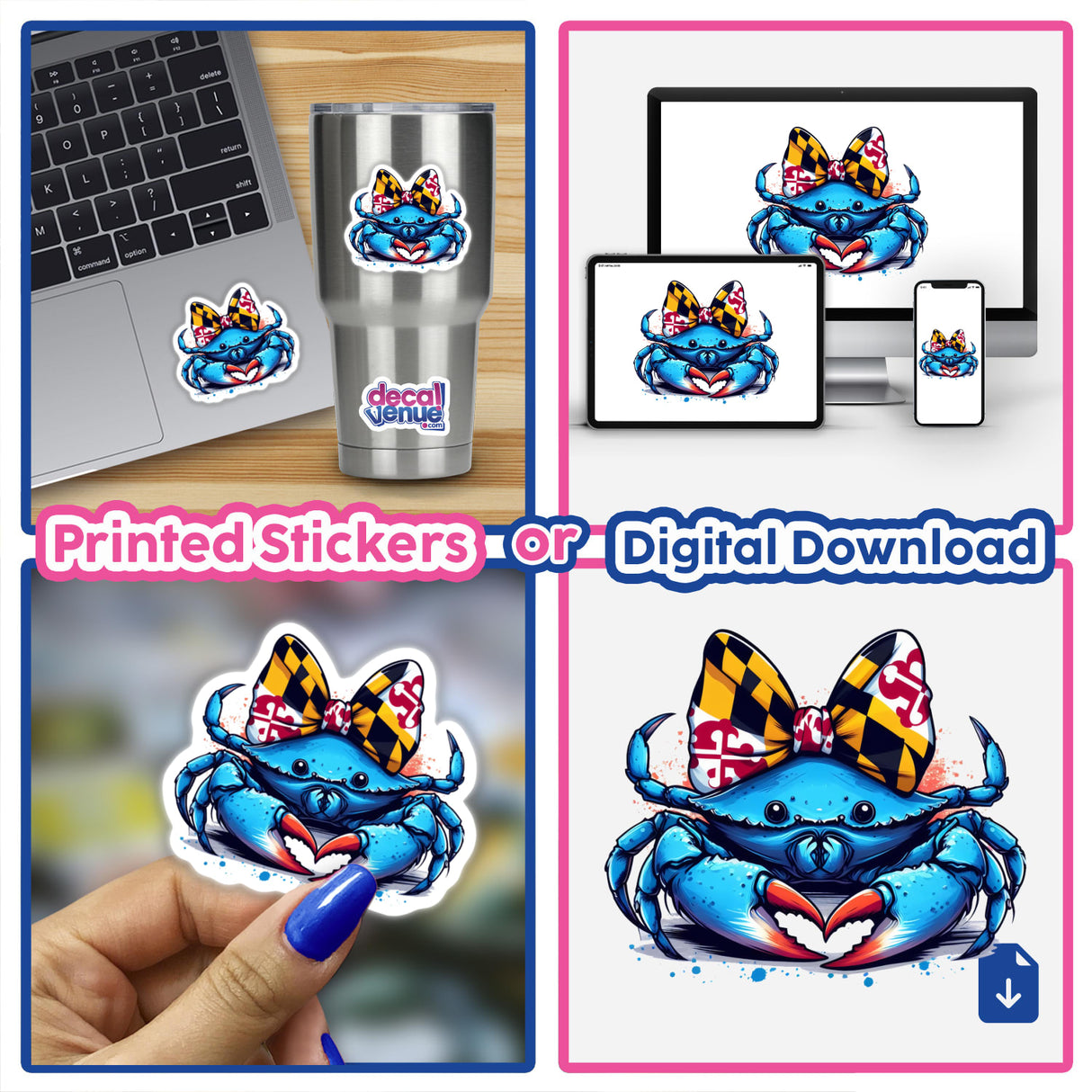 Collage featuring the Maryland Flag Coquette Bow Claw Heart Crab as stickers and digital art, depicted on various surfaces like a laptop and phone, highlighting its unique design from Decal Venue.