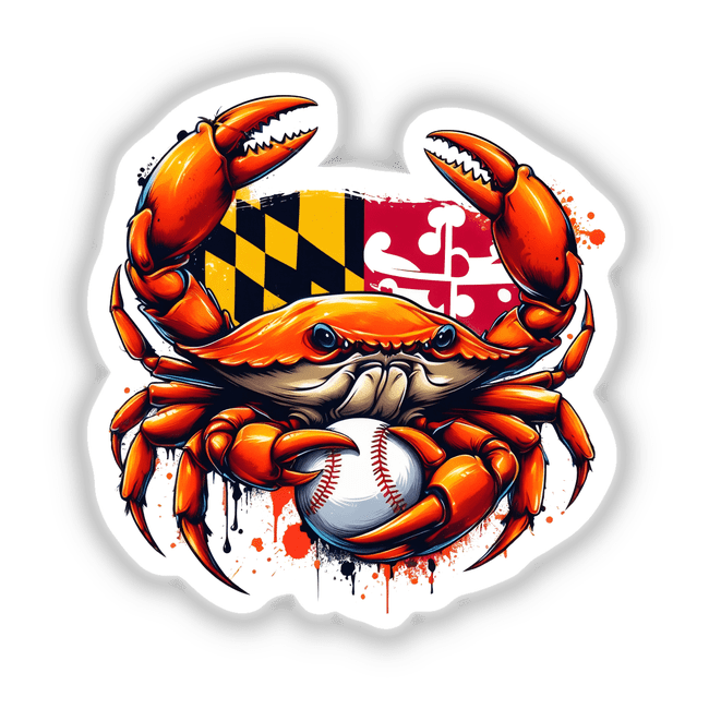 Maryland Flag Crab Splash II image features a cartoon crab clutching a baseball, offered as stickers or digital art, showcasing unique design elements typical of Decal Venue's collection.