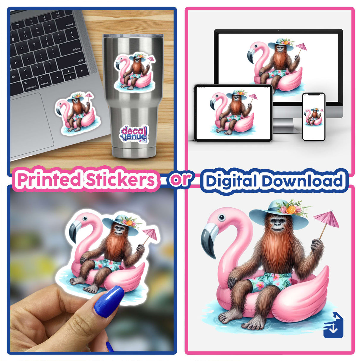 Tropical Sasquatch Sitting in Flamingo Float as a vibrant cartoon sticker, ideal for laptops or metal cups, combining unique and whimsical design elements from Decal Venue's collection of vinyl stickers and digital art.