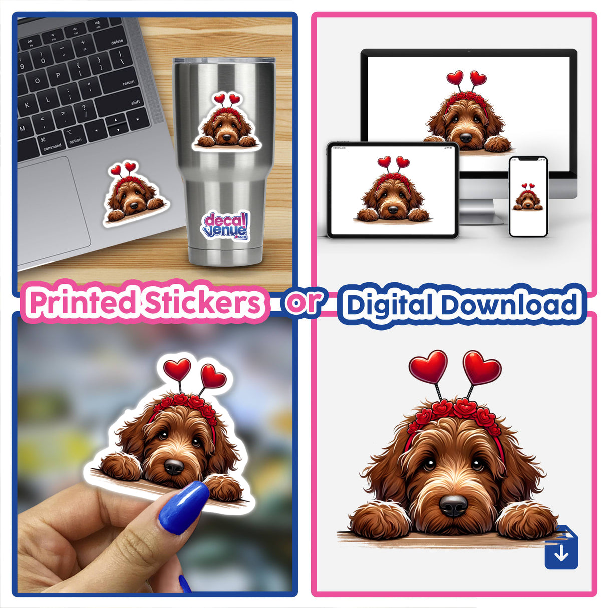 Peeking Brown Valentine Goldendoodle Dog II sticker displayed on a stainless steel cup, featuring a charming Goldendoodle with a flower crown, ideal for vinyl sticker collections and digital art enthusiasts.