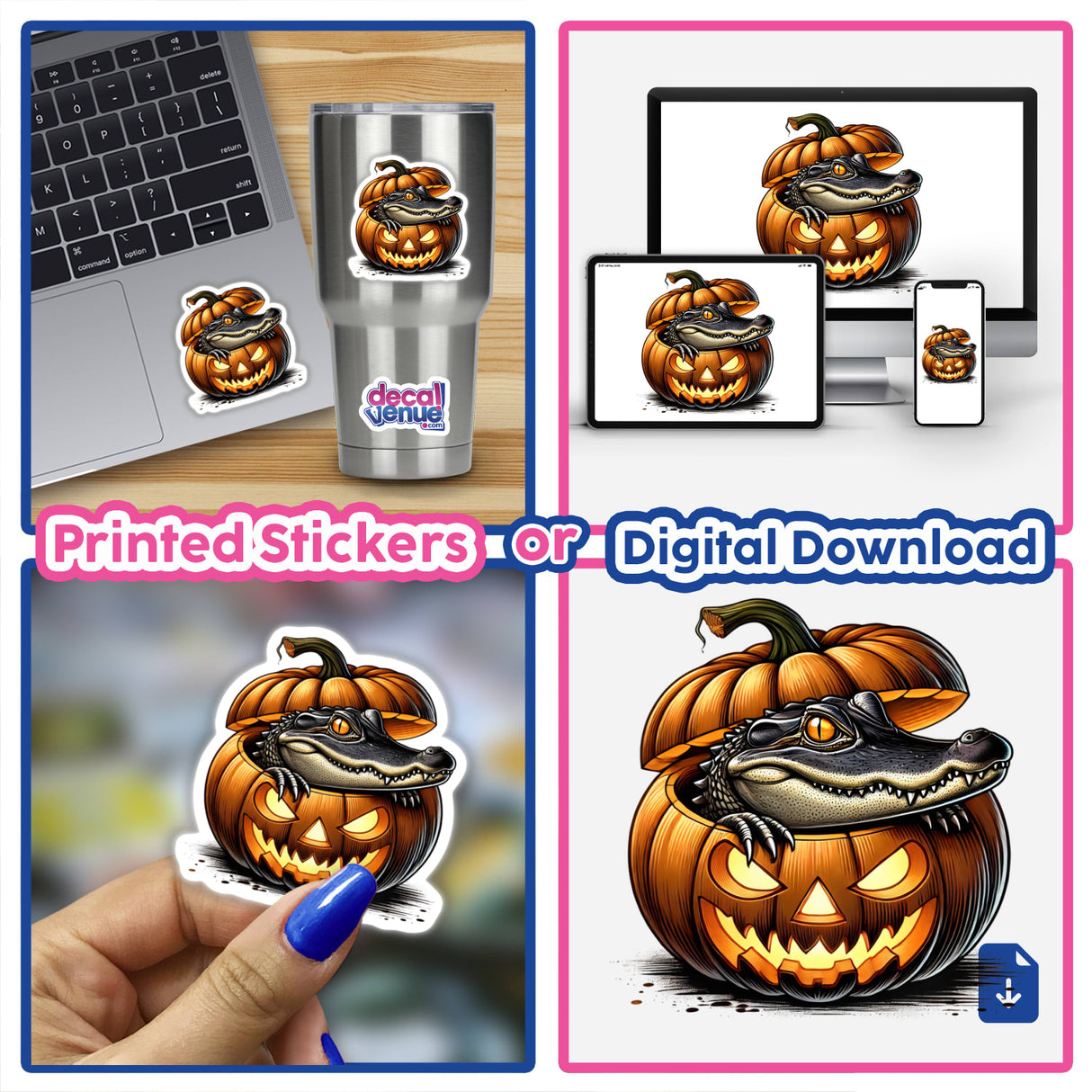 Pumpkin-shaped alligator Halloween stickers and digital art on various products and devices, showcasing a creepy yet playful design by DecalVenue.