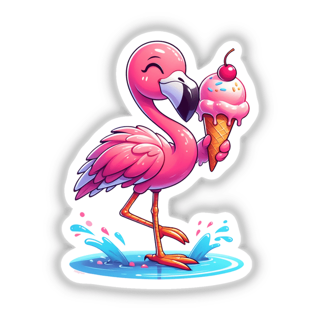 Summertime Flamingo with Ice Cream Cone: A cartoon flamingo joyfully holds an ice cream cone, perfect for stickers or digital art from Decal Venue.
