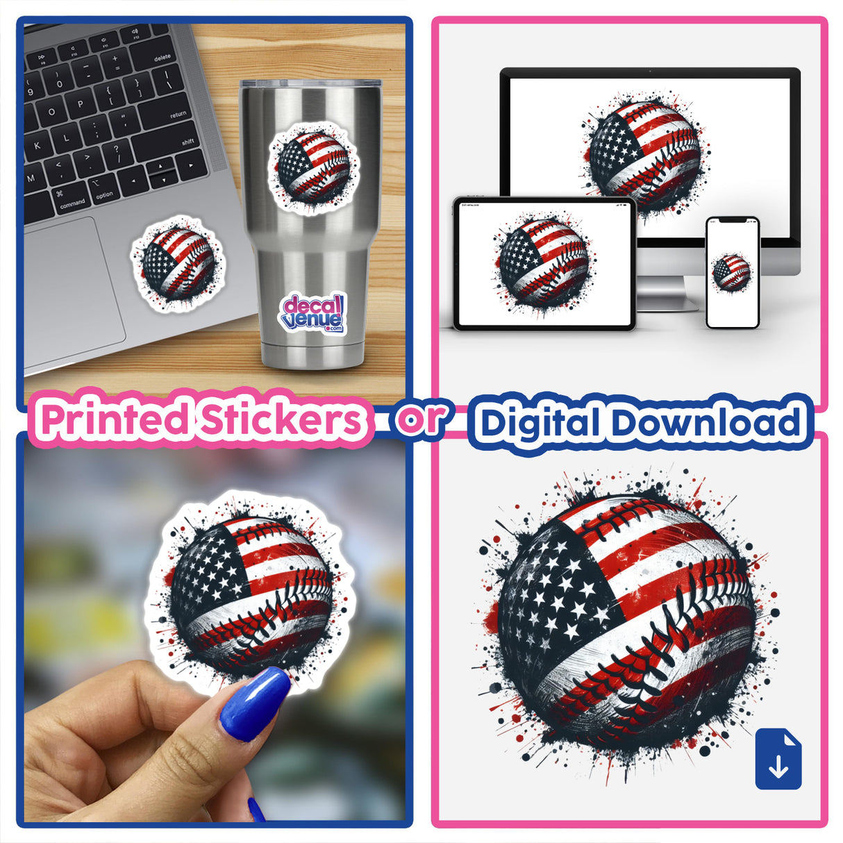 American Flag Baseball Splatter II collage featuring baseballs with American flag designs, offered as unique stickers or digital artwork by Decal Venue.