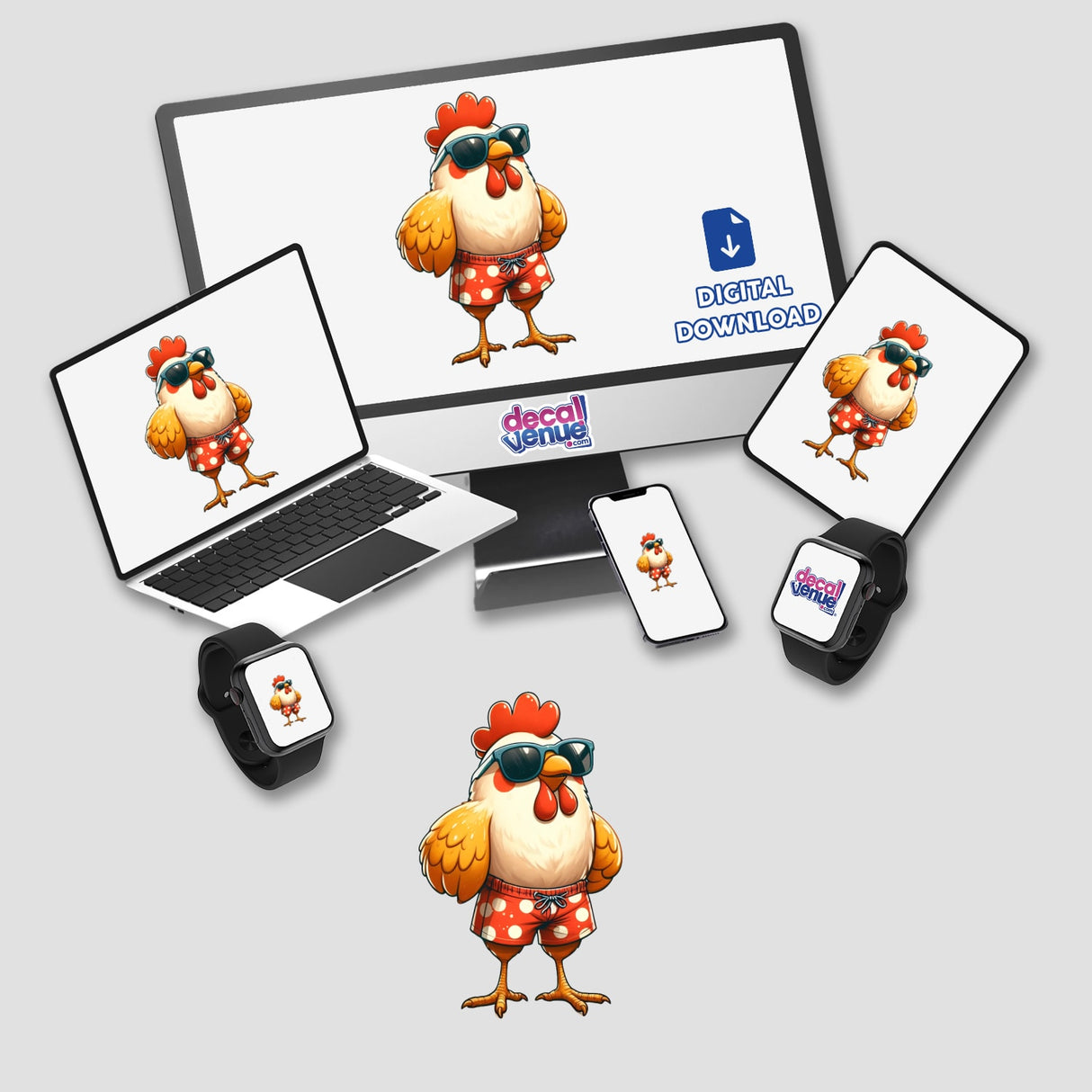 Beach Ready Chicken digital artwork displayed on a computer monitor and laptop, featuring a cartoon chicken wearing sunglasses and a swimsuit. Available as stickers or digital artwork from Decal Venue.