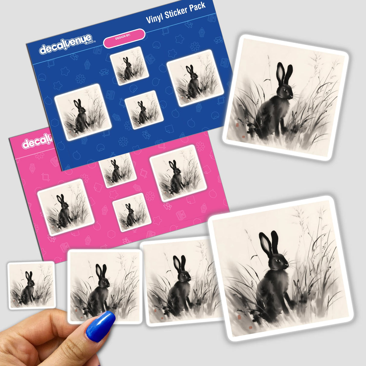 Sumi-e Rabbit Among Wild Grasses Soft Japanese Ink Art, available as stickers or digital artwork, depicts a serene rabbit amidst delicately painted wild grasses, reflecting traditional ink art style.