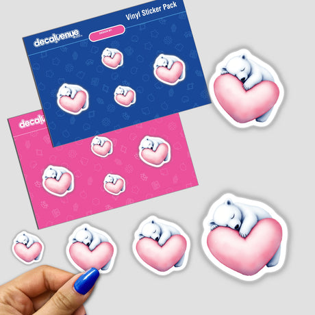 Polar Bear Sleeping on Heart sticker pack, featuring a cute white bear nestled on a pink heart; perfect for adding charm to your space with unique vinyl stickers from Decal Venue.
