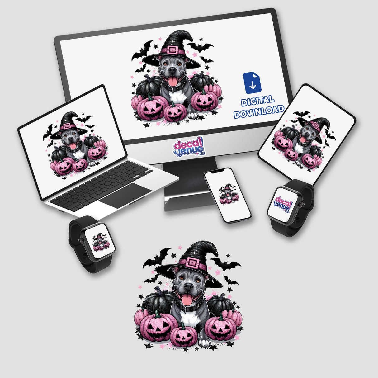 Halloween Witch Pitbull Dog Sparkly Pumpkins sticker or digital artwork, featuring a cartoon dog in a hat surrounded by pumpkins, available at Decal Venue.
