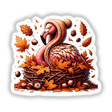Autumn Flamingo in Cozy Sweater - Vibrant digital artwork featuring a pink flamingo surrounded by fallen leaves, acorns, and seasonal elements.