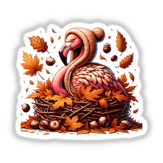 Autumn Flamingo in Cozy Sweater - Vibrant digital artwork featuring a pink flamingo surrounded by fallen leaves, acorns, and seasonal elements.