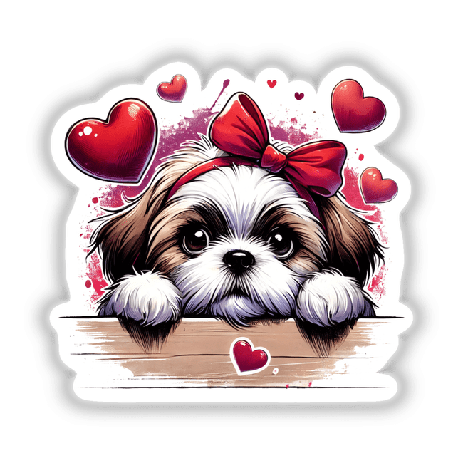 Peeking Valentine Shih Tzu Dog Splash features a cartoon Shih Tzu with a bow on its head, available as stickers or digital artwork, perfect for pet lovers.