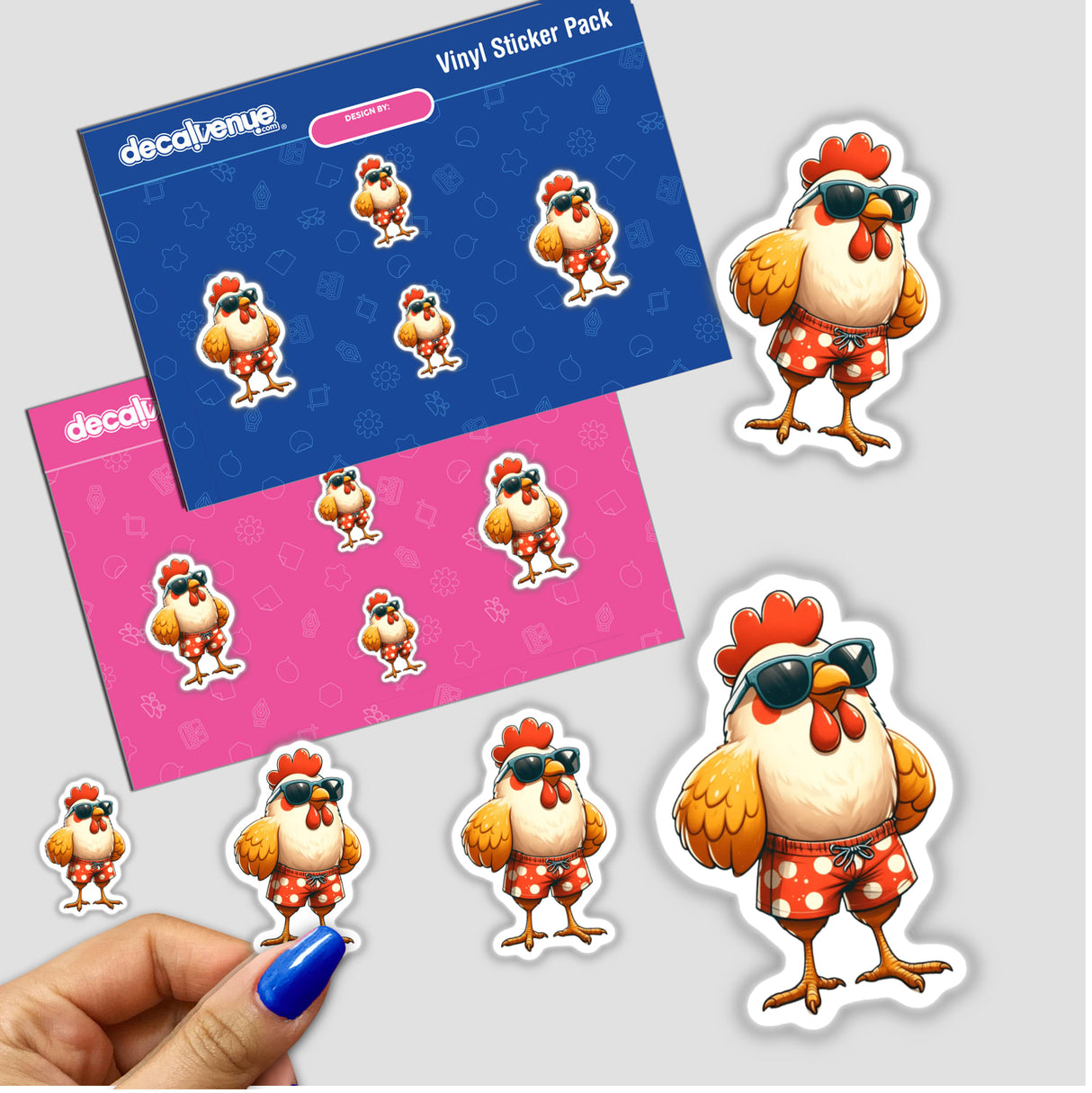 Beach Ready Chicken sticker featuring a cartoon chicken wearing sunglasses, perfect for adding a playful touch to your collection. Available as a vinyl sticker or digital artwork.
