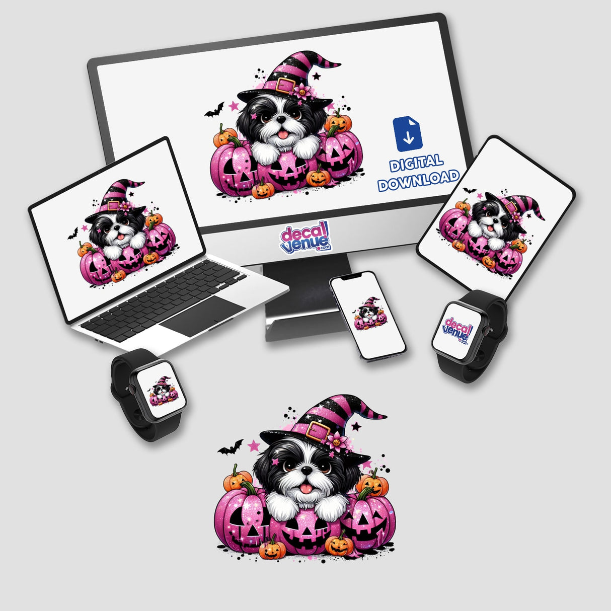 Shih Tzu Dog w/ Pink & Black Glitter Halloween Pumpkins displayed on various devices, including a laptop, computer monitor, tablet, phone, and smartwatch. Available as Stickers or Digital Artwork.