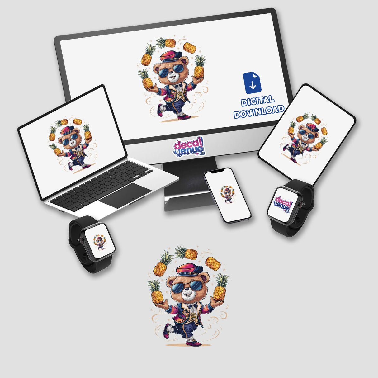 Bear juggling pineapples