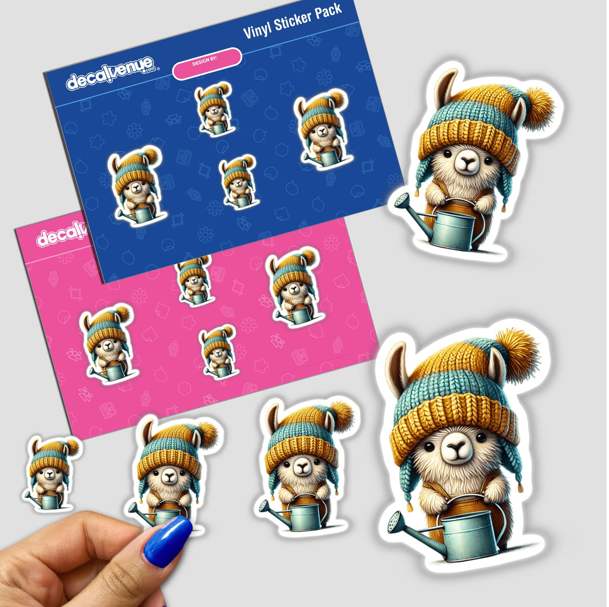 Llama Gnome with Watering Can sticker pack featuring cartoon animals. Close-up includes hand holding a sticker. Available as stickers or digital artwork.