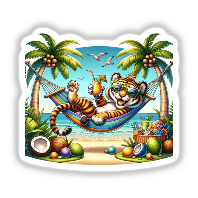 Tropical Tiger Lounging in Hammock: A cartoon tiger relaxes in a hammock on a beach under palm trees, with a halved coconut nearby. Available as stickers or digital artwork.