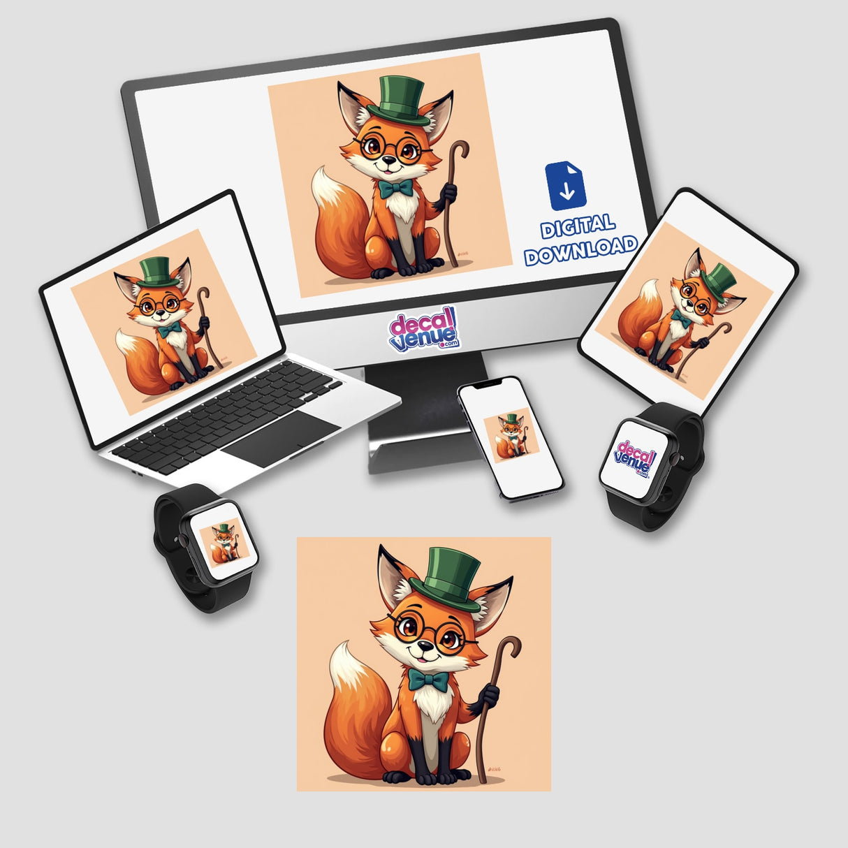 Dapper Fox with Monocle and Green Top Hat displayed on various devices, illustrating its availability as stickers or digital artwork. The fox character wears a hat and glasses, exuding charm.