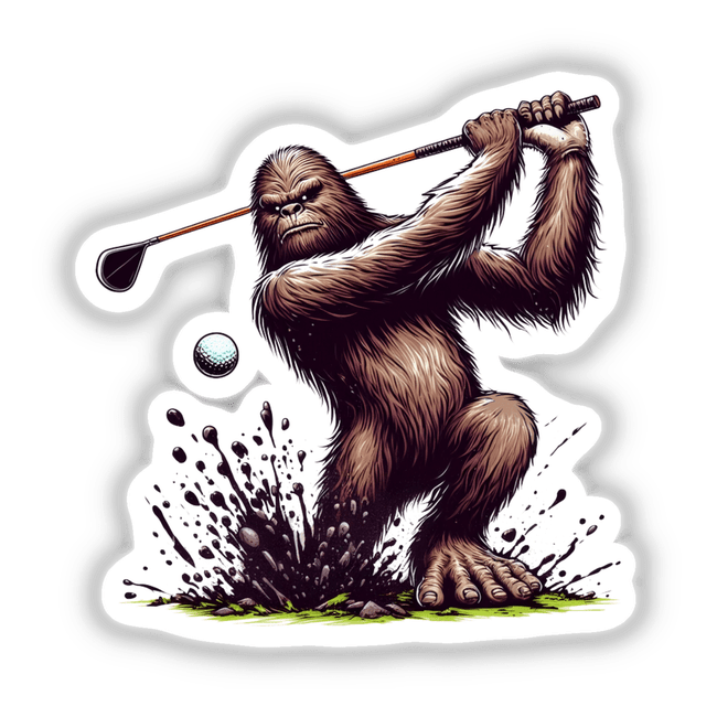 Sasquatch Golfing cartoon features a furry creature energetically swinging a golf club, available as unique stickers or digital artwork from Decal Venue.