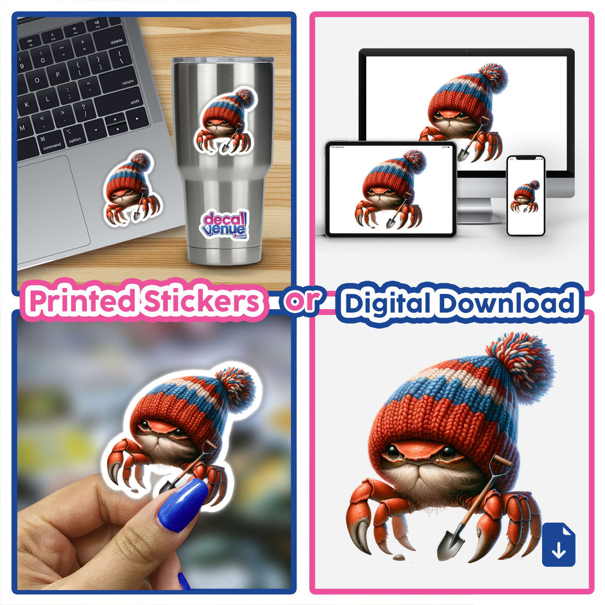 Crab Gnome with Shovel sticker collage, featuring close-ups of the cartoon crab wearing a knit hat and holding a shovel, displayed on a laptop and in hand.