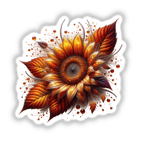 Fiery Autumn Sunflower: A vibrant sunflower with detailed leaves, available as stickers or digital artwork from Decal Venue.