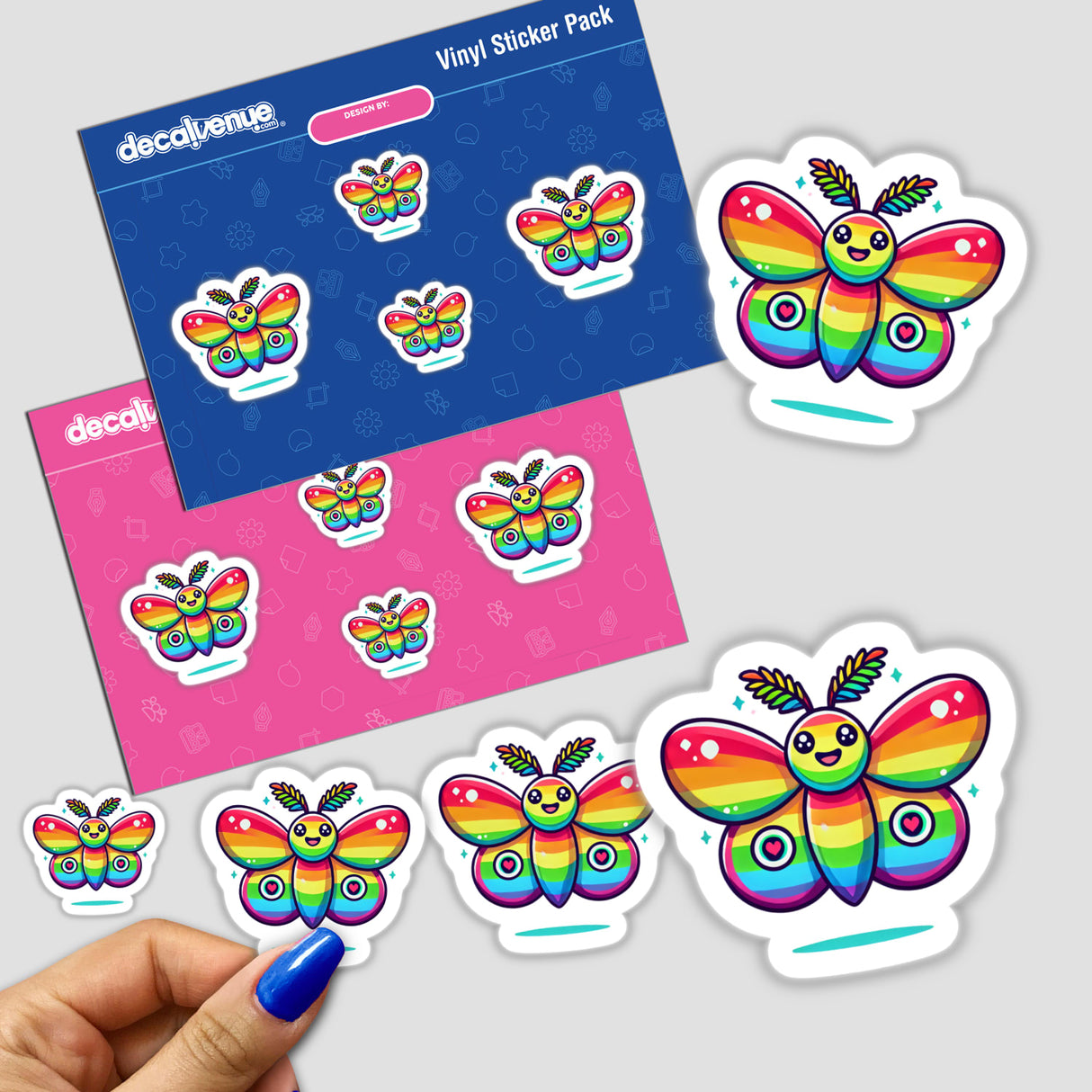 Sticker pack featuring a Rainbow Moth cartoon butterfly, ideal for DIY projects and printable art.
