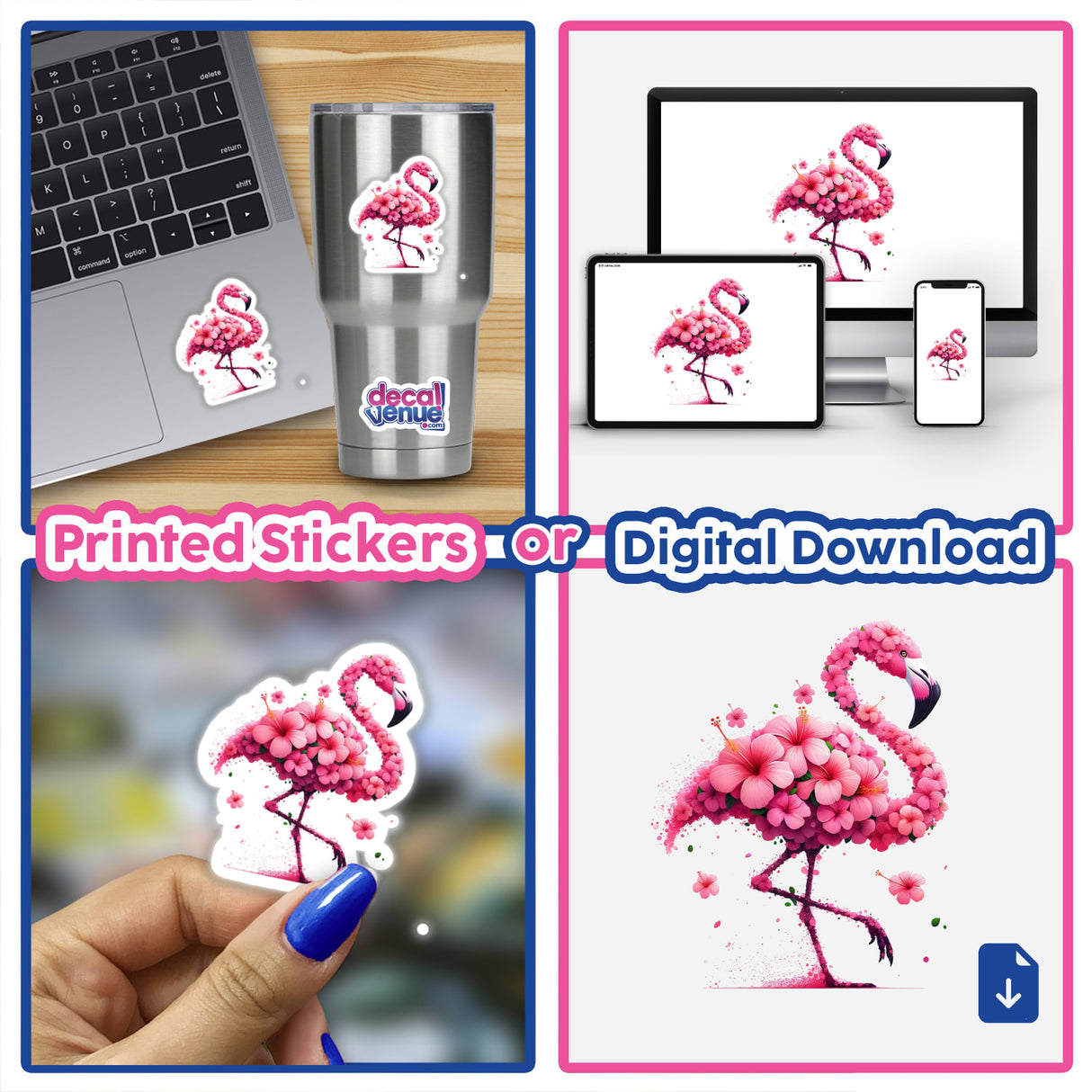 Vibrant pink flamingo infused with hibiscus flowers, available as printed stickers or digital downloads from Decal Venue, an online store offering unique stickers and digital art.