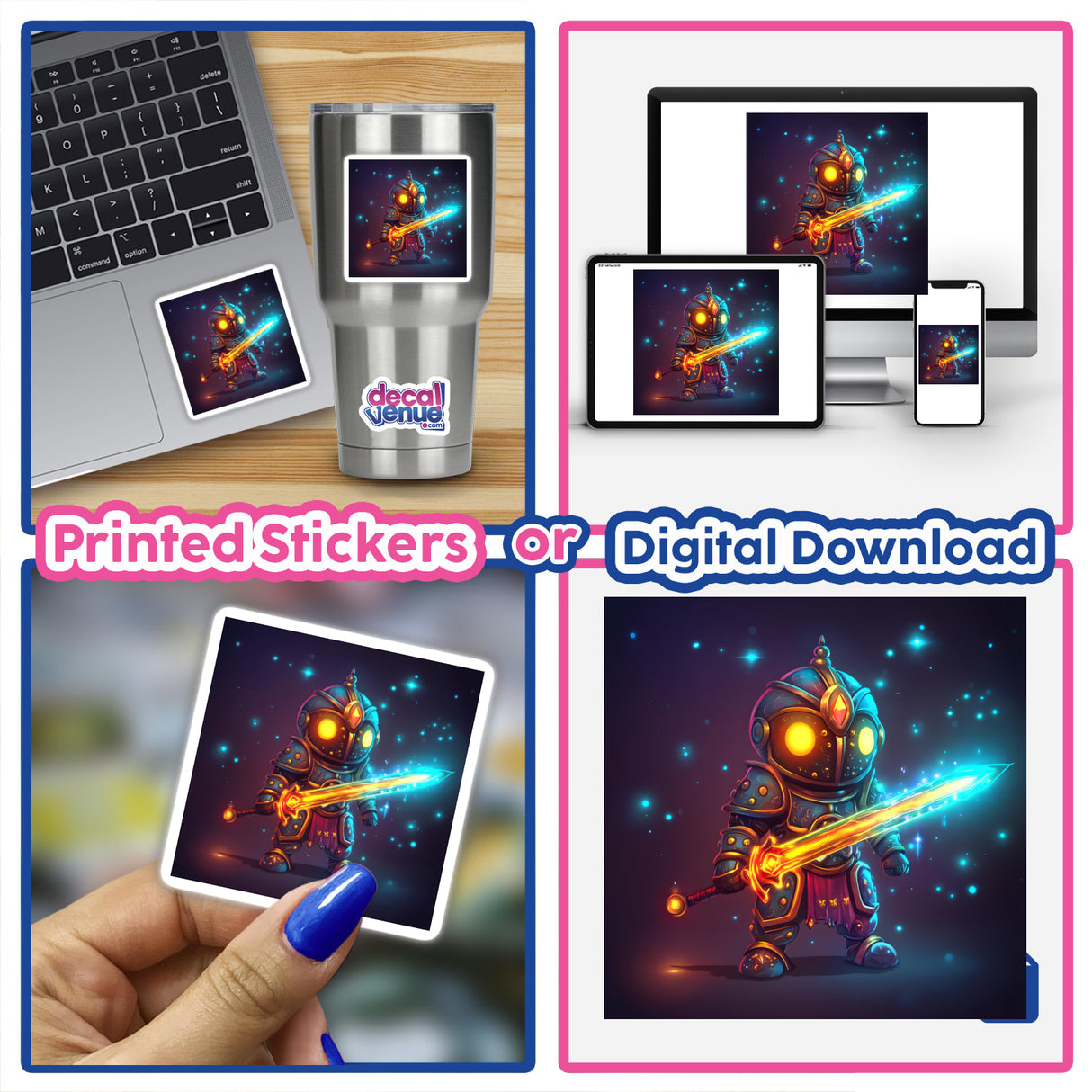 Heroic Knight with Enchanted Glowing Sword featured on stickers and digital artwork, including a silver mug, a computer keyboard, and various collages.