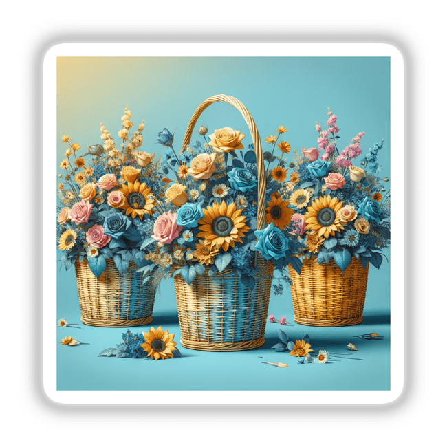 Elegant Woven Baskets with Sunflowers and Roses, featuring a vibrant mix of floral arrangements in baskets, perfect as stickers or digital artwork, showcasing Decal Venue's unique artistic offerings.