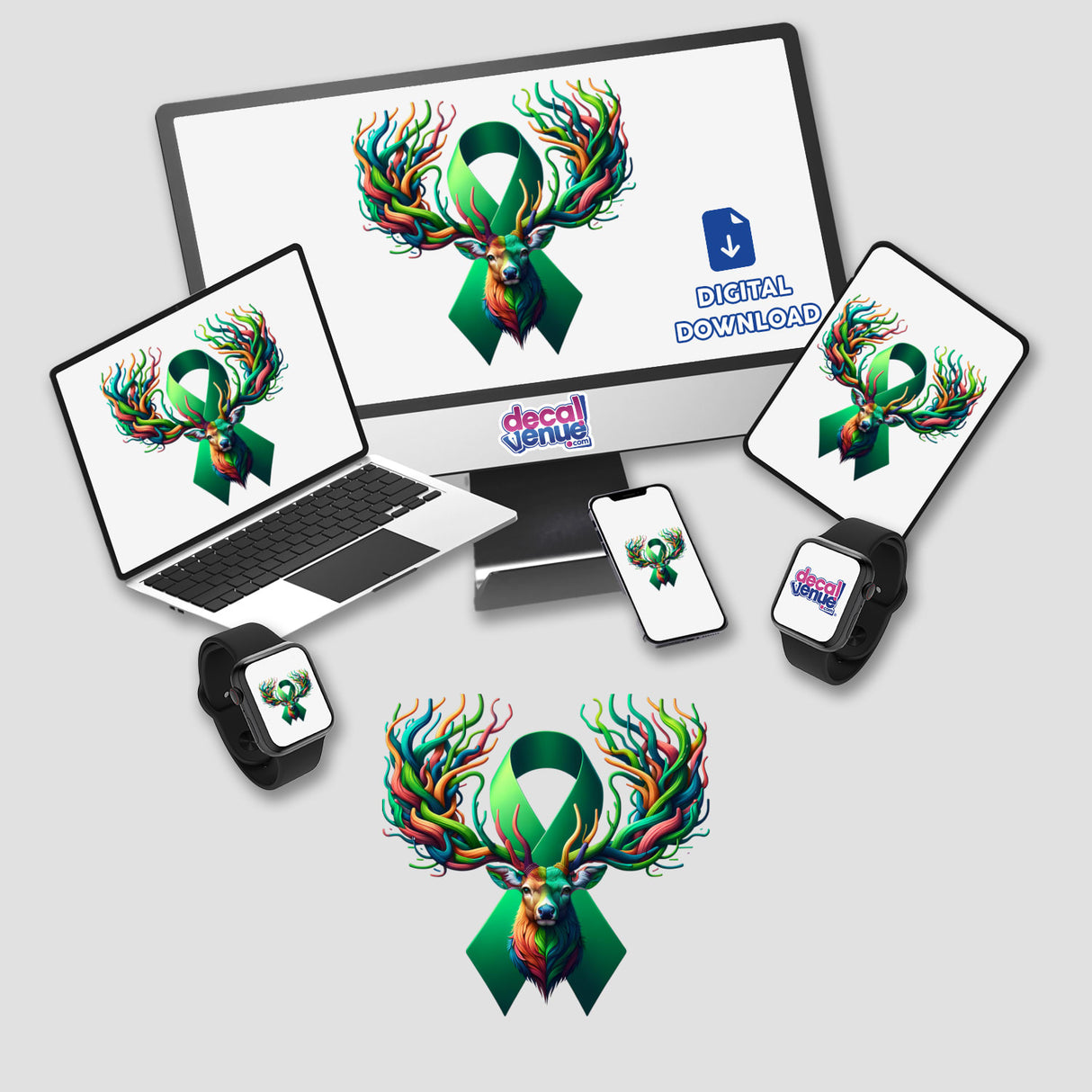 Deer Green Ribbon Liver Cancer Awareness design featuring a colorful deer with horns and a green ribbon displayed on a computer monitor and laptop, available as stickers or digital artwork.