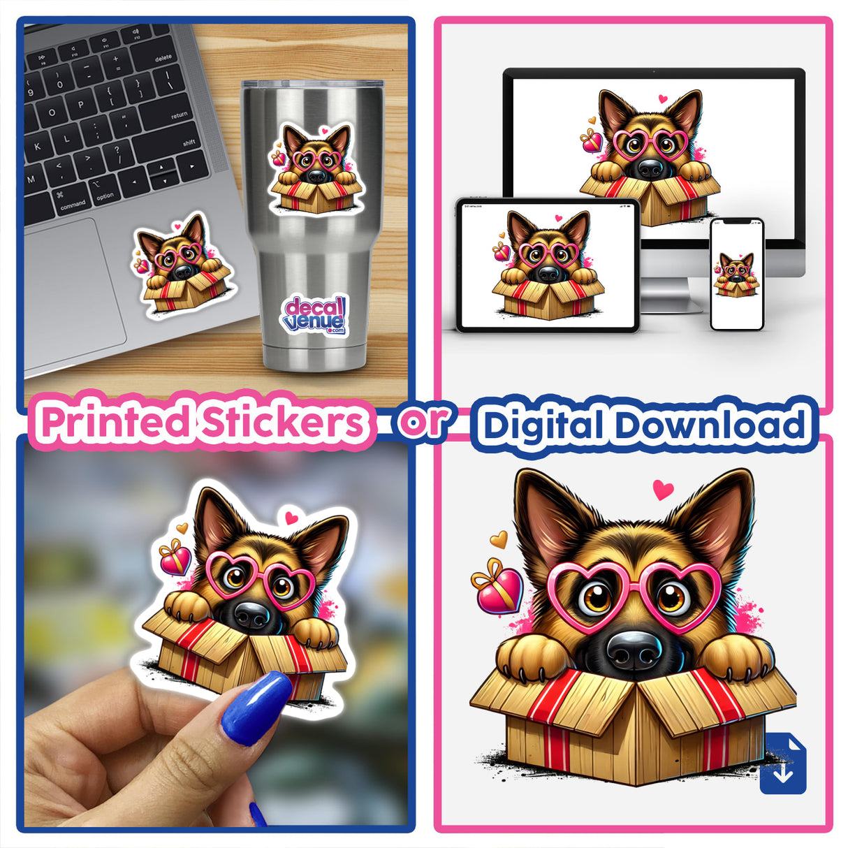 Peeking German Shepherd Nerdy Dog sticker featuring a cartoon dog with pink glasses in a box, shown on a laptop, highlighting its playful and quirky design from Decal Venue's collection.