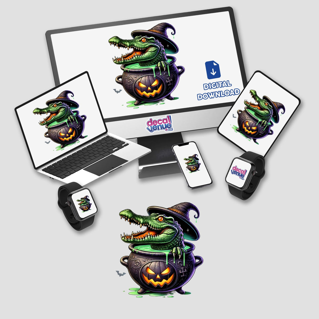 Crocodile peeking out of cauldron Halloween decal on various digital devices and products