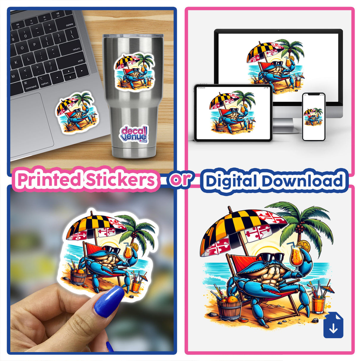 Maryland Shore Blue Crab Sitting in Beach Chair II sticker features a cartoon crab lounging on a beach chair, ideal for laptops or cups as unique vinyl decor from Decal Venue.