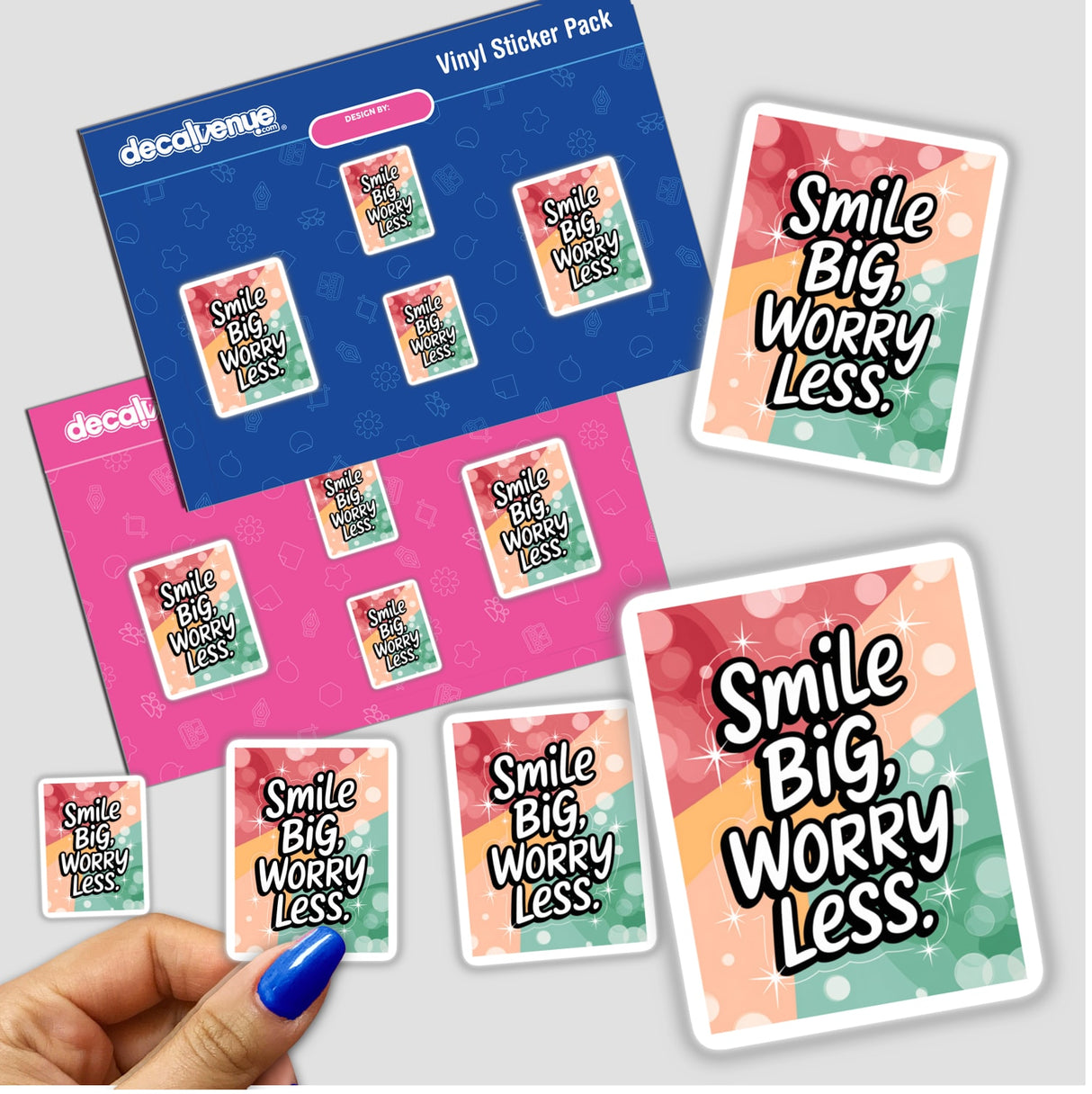 Smile big, worry less' sticker pack featuring various designs, perfect for vinyl sticker enthusiasts and available as digital artwork from Decal Venue.