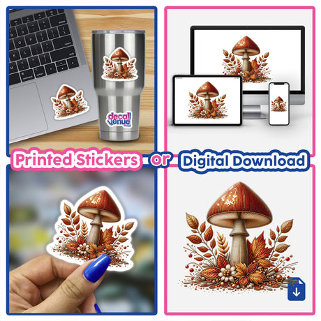 Sticker titled Autumn Forest Mushroom with Leaves depicting a mushroom surrounded by leaves and berries, shown on various surfaces like a cup, laptop, and held in hand.