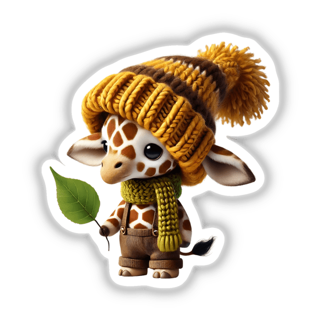 Giraffe Gnome with Leaf: A whimsical cartoon giraffe wearing a hat, scarf, and pants, available as stickers or digital artwork from Decal Venue.