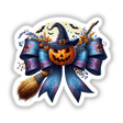Coquette Bow w/Witch Pumpkin and Broom sticker or digital art featuring a pumpkin with a witch hat and broom, adorned with a bow.