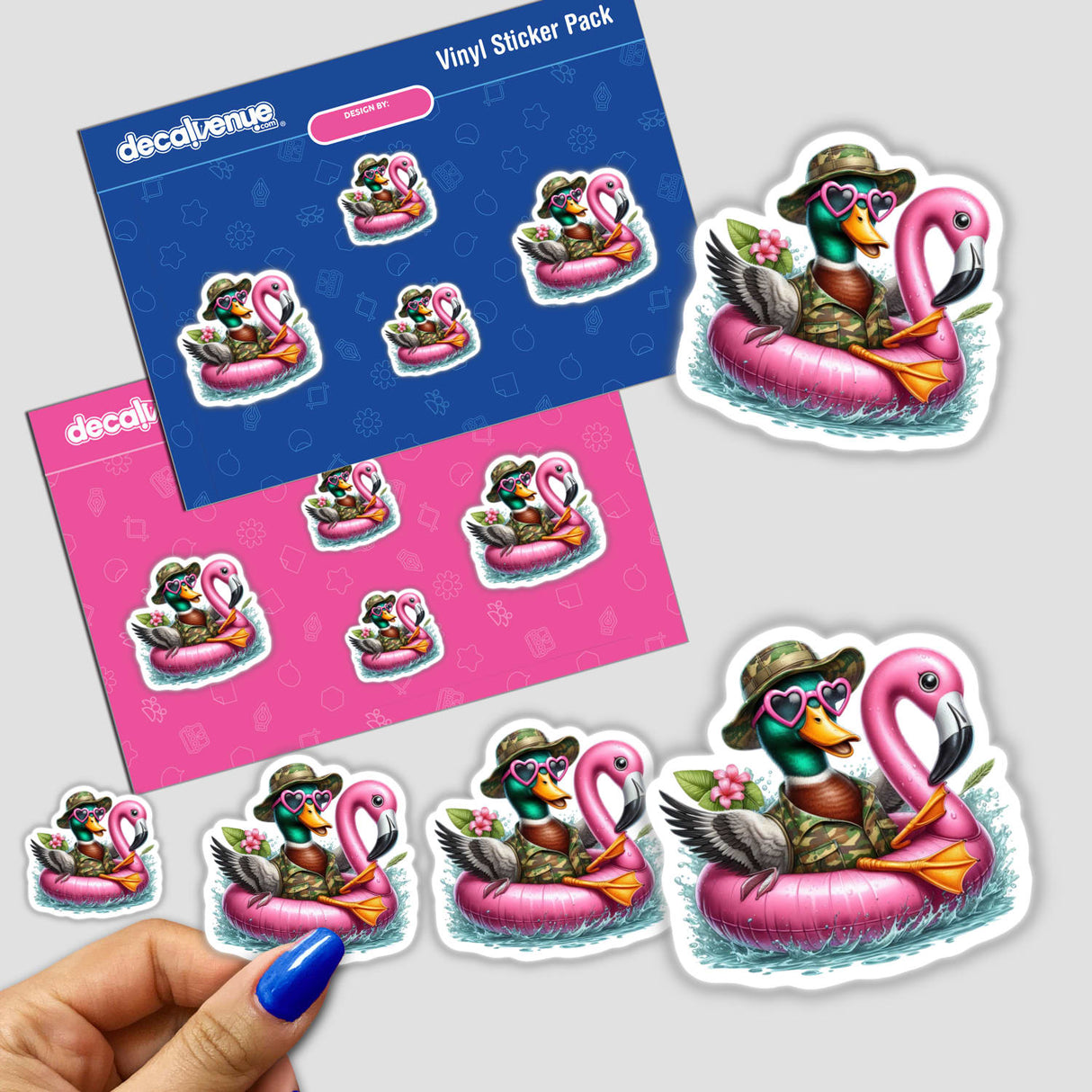 Camo Mallard Duck in Flamingo Float II sticker pack featuring cartoon ducks in pink flamingo floats, available as unique vinyl stickers or digital artwork from Decal Venue.