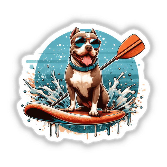 Retro Paddleboard Pitbull Dog: Cartoon illustration of a pitbull wearing sunglasses on a surfboard with a paddle, available as stickers or digital artwork.