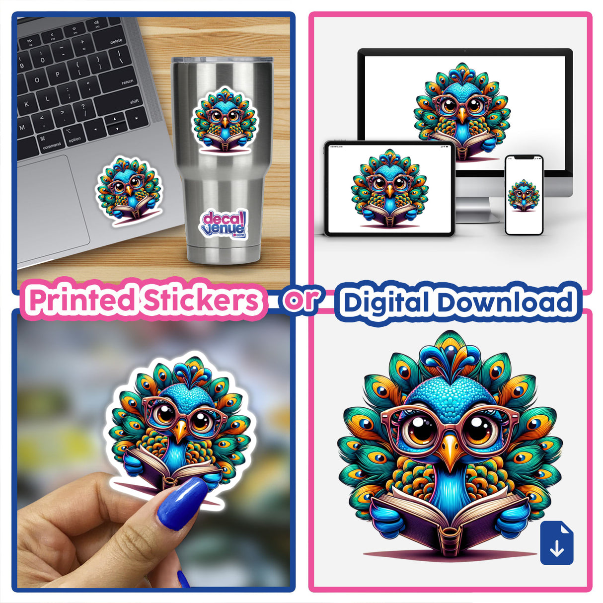 Cartoon peacock with reading glasses and open book available as stickers or digital artwork. Featured on laptop and phone, showcasing Decal Venue's unique style.