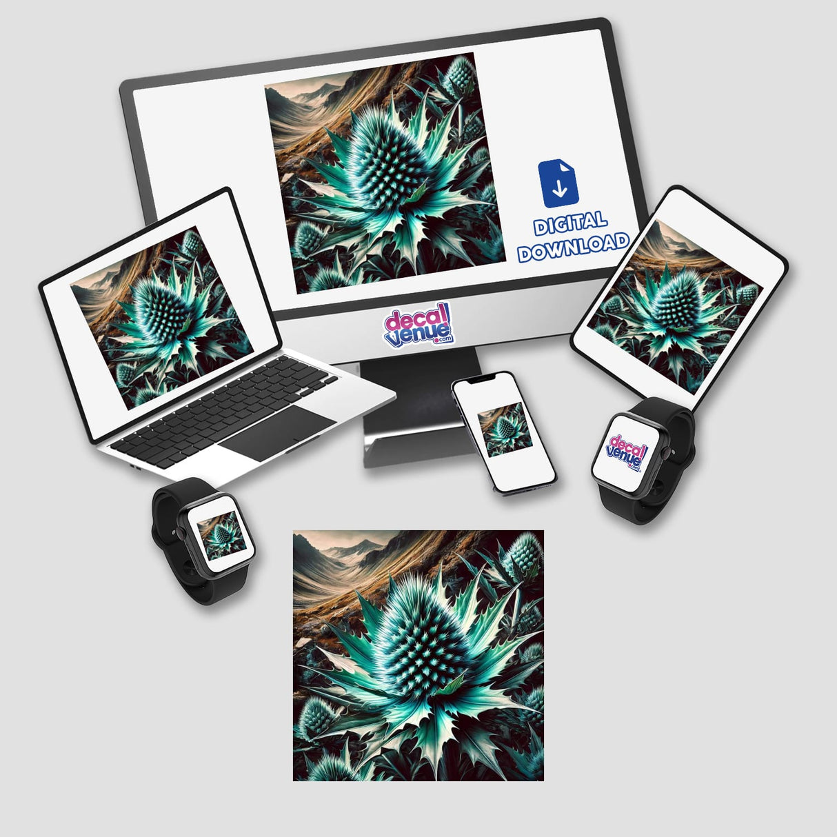 Turquoise Thistle with Spiky Petals design displayed on stickers and digital devices, including a laptop, tablet, and phone, showcasing DecalVenue's unique botanical artwork.