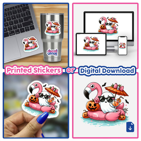 Halloween Boo Ghost on Flamingo Float stickers and digital artwork; collage featuring the cartoon ghost on a flamingo float, stickers on a laptop and metal cup, and a close-up of a finger.