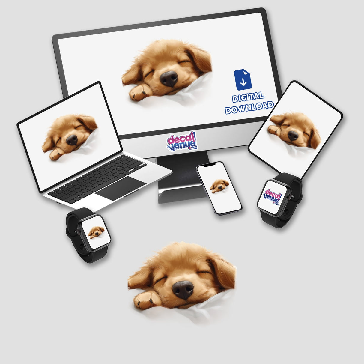 Puppy Dog Paw-sitively Exhausted: A computer monitor and laptop display an adorable dog face, available as stickers or digital artwork from Decal Venue.
